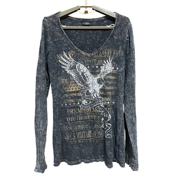 Daytrip Tops - Daytrip Long Sleeve Tee Size L Gray Eagle Rhinestone 100% Cotton VNeck Grunge